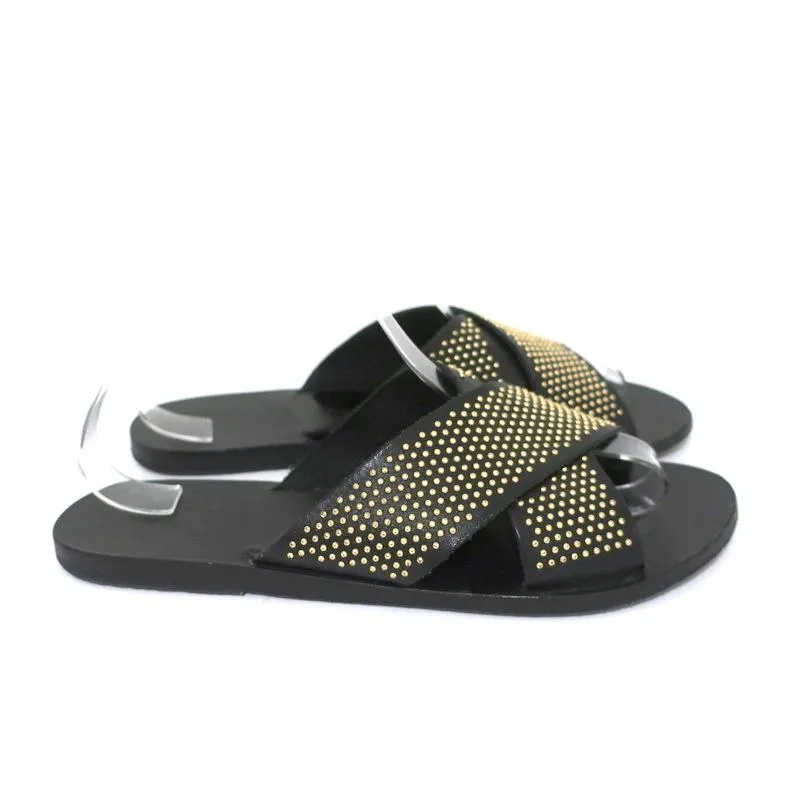 Ancient Greek Sandals Thais Crisscross Sandals Black Studded Leather Size 39