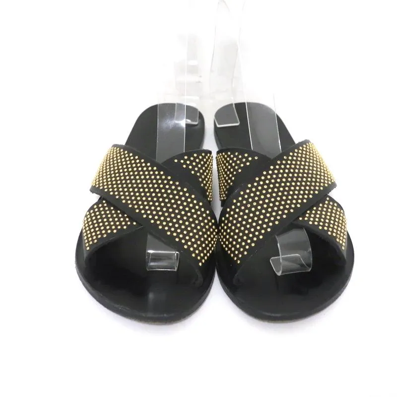 Ancient Greek Sandals Thais Crisscross Sandals Black Studded Leather Size 39