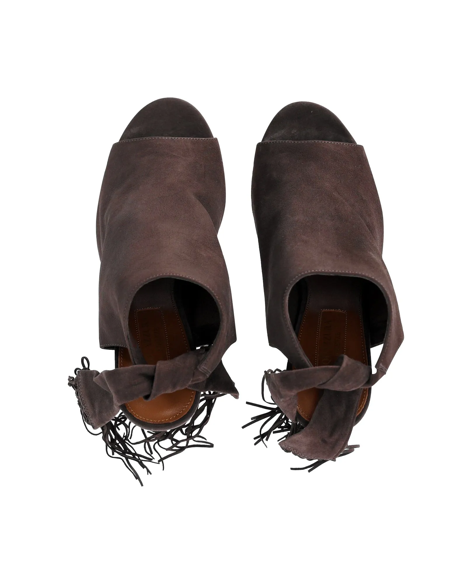 Aquazzura Fringe Tie Sandals in Brown Suede