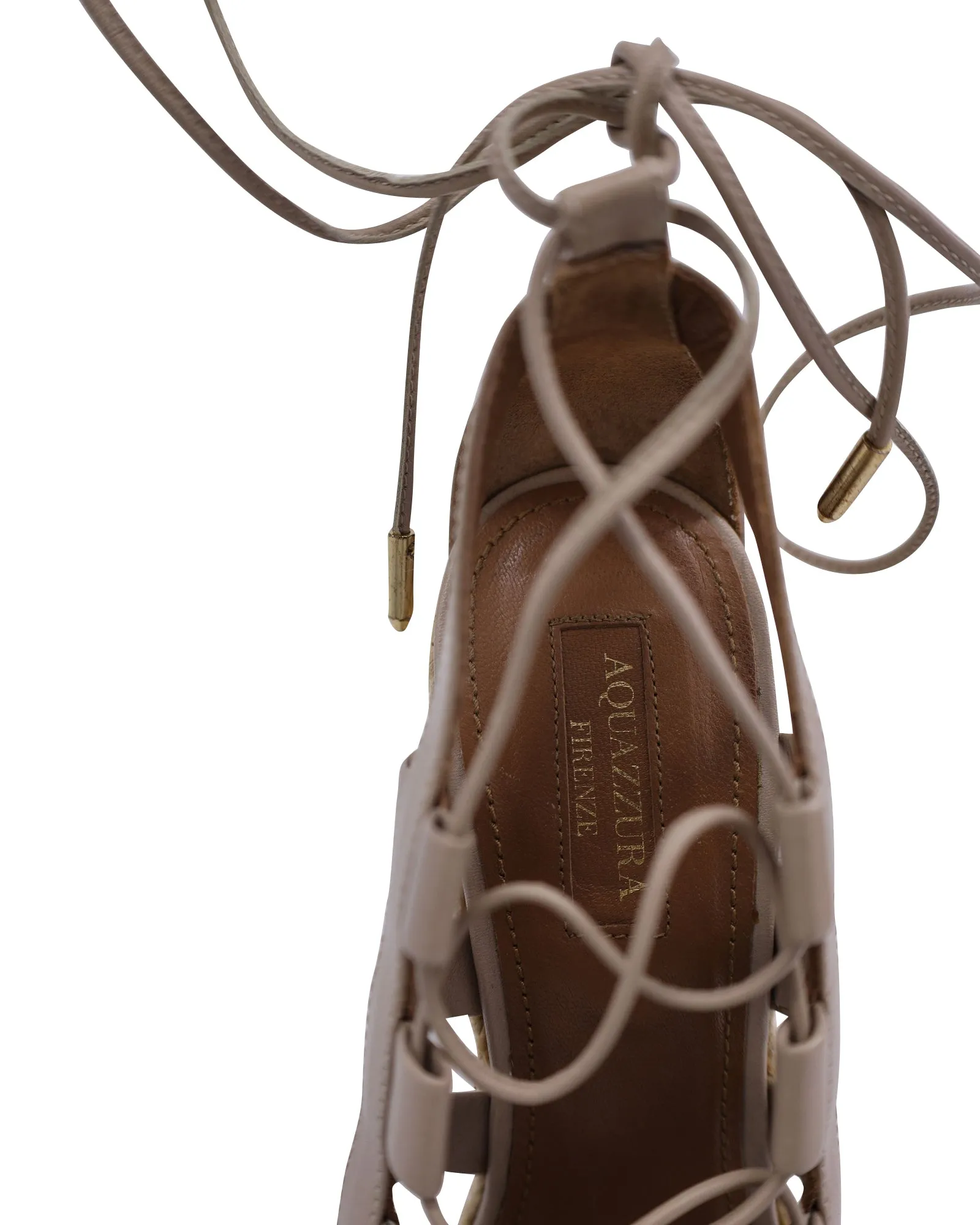 Aquazzura Lace-Up Amazon Wedge Sandals in Beige Calfskin Leather