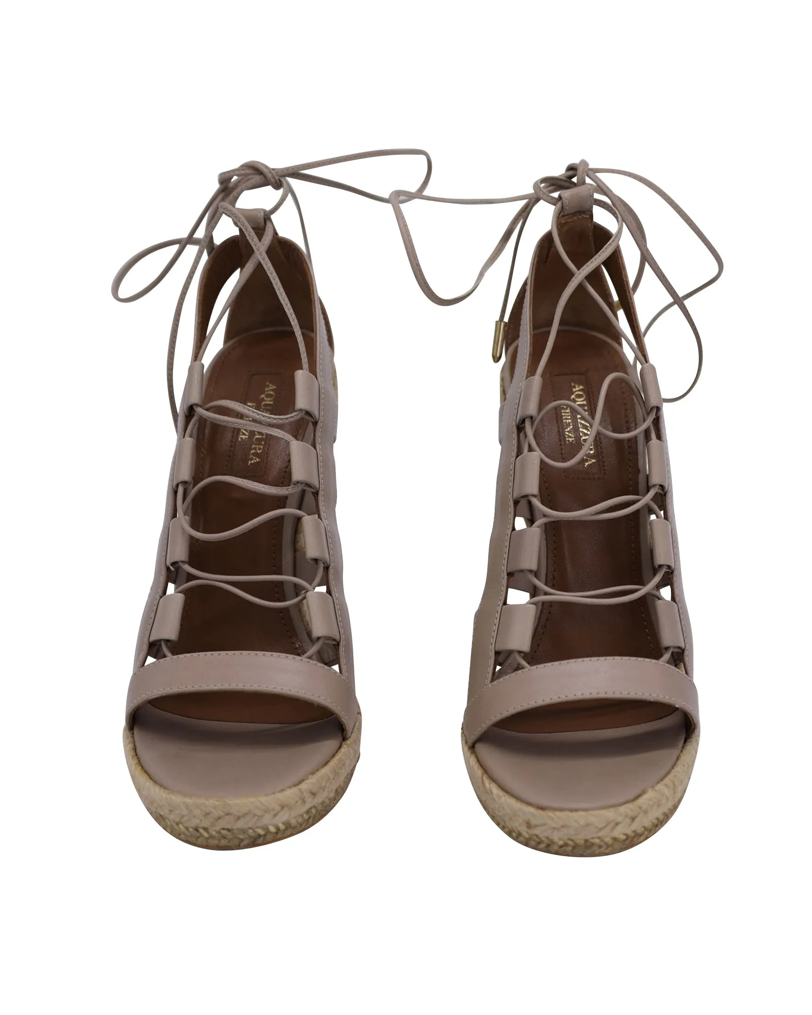 Aquazzura Lace-Up Amazon Wedge Sandals in Beige Calfskin Leather