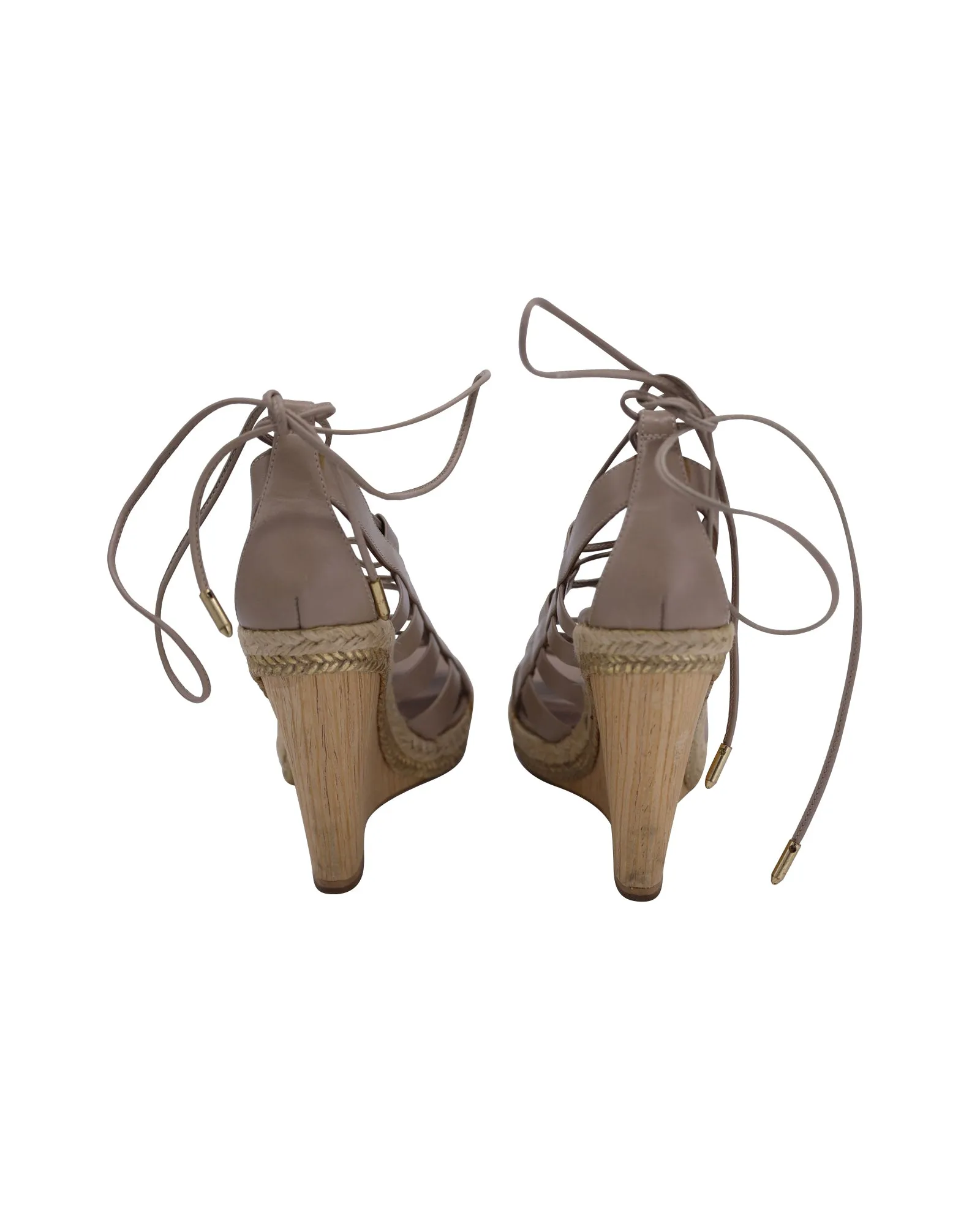 Aquazzura Lace-Up Amazon Wedge Sandals in Beige Calfskin Leather