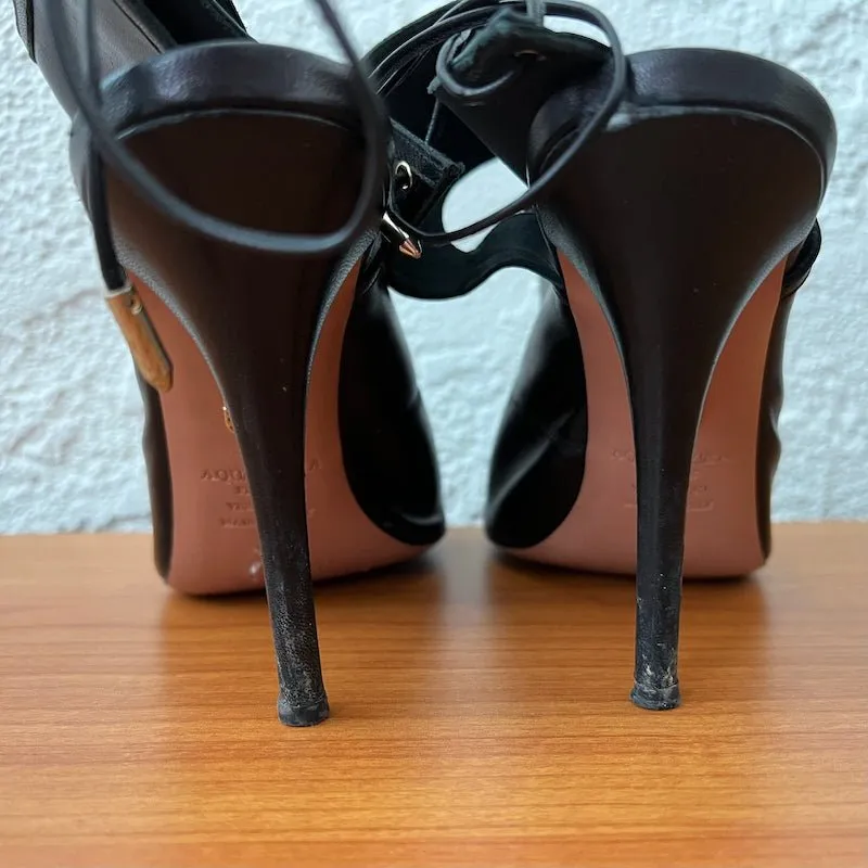 Aquazzura Sexy Thing Cutout Booties Black Leather Size 38 Open Toe Heels