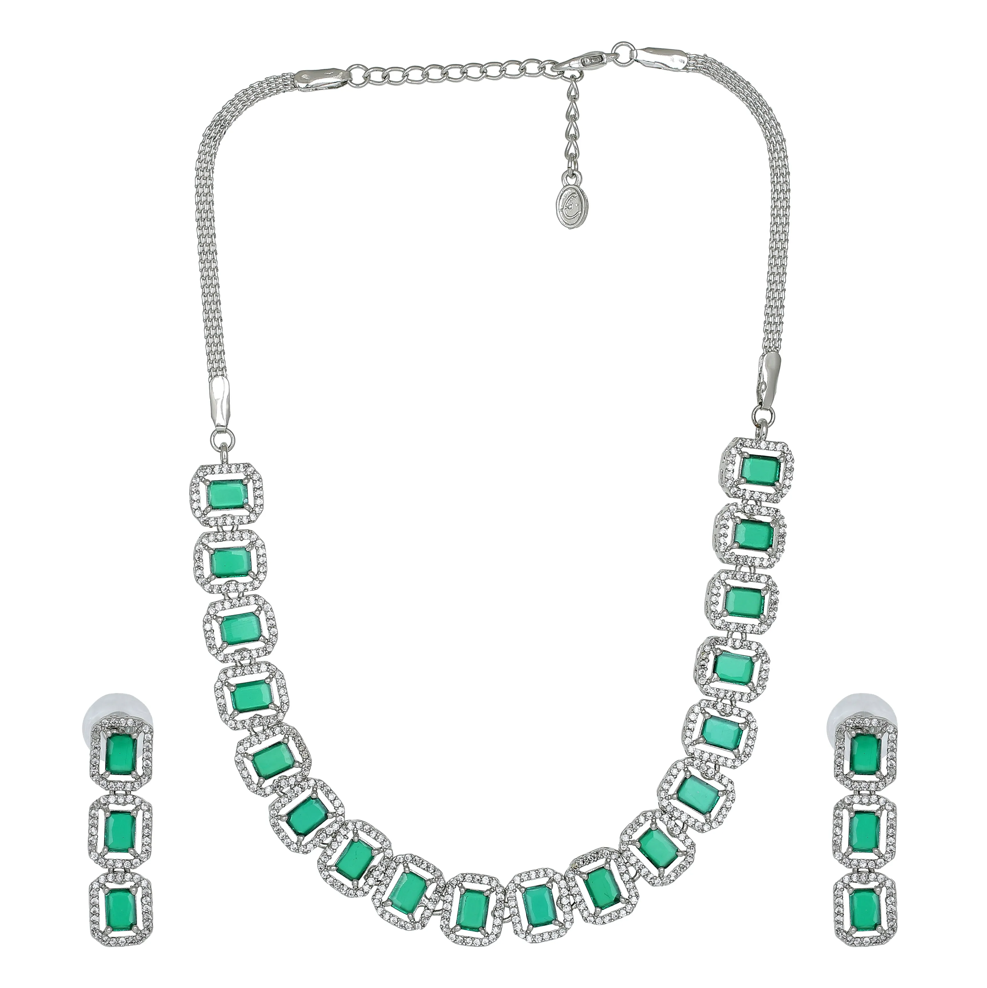 Estele Rhodium Plated CZ Ossum Octagon Necklace Set with Emerald Stones for Women