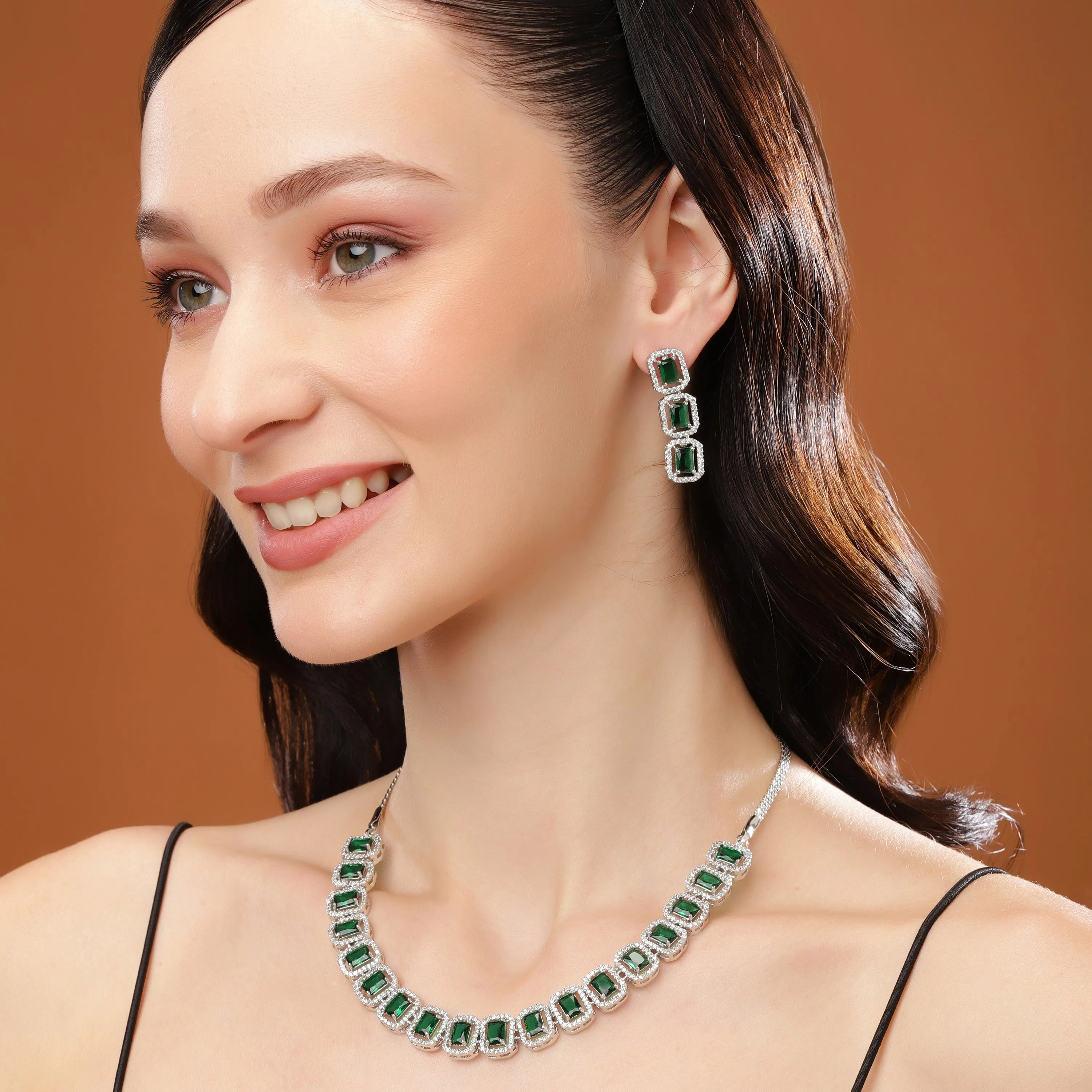 Estele Rhodium Plated CZ Ossum Octagon Necklace Set with Emerald Stones for Women