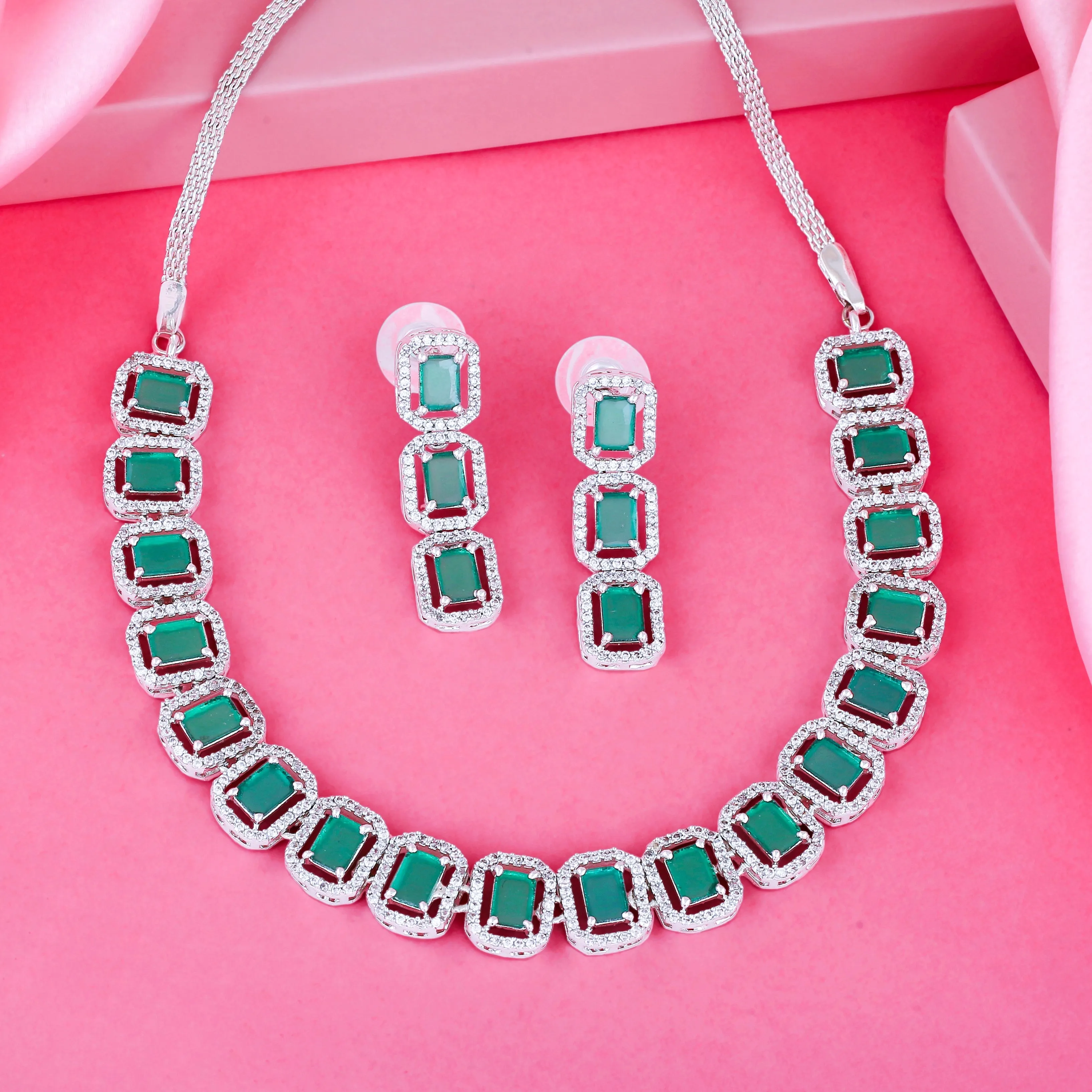 Estele Rhodium Plated CZ Ossum Octagon Necklace Set with Emerald Stones for Women
