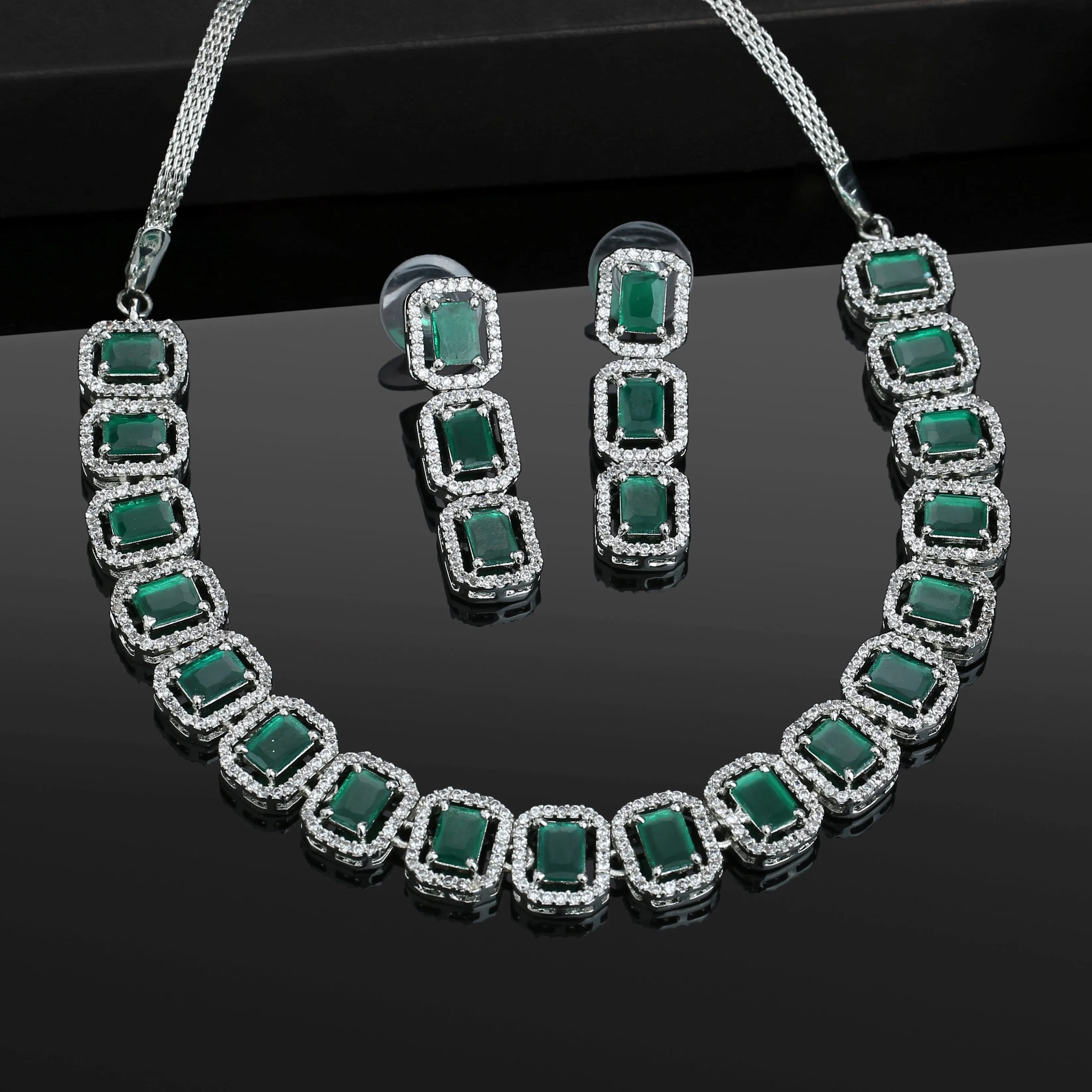 Estele Rhodium Plated CZ Ossum Octagon Necklace Set with Emerald Stones for Women