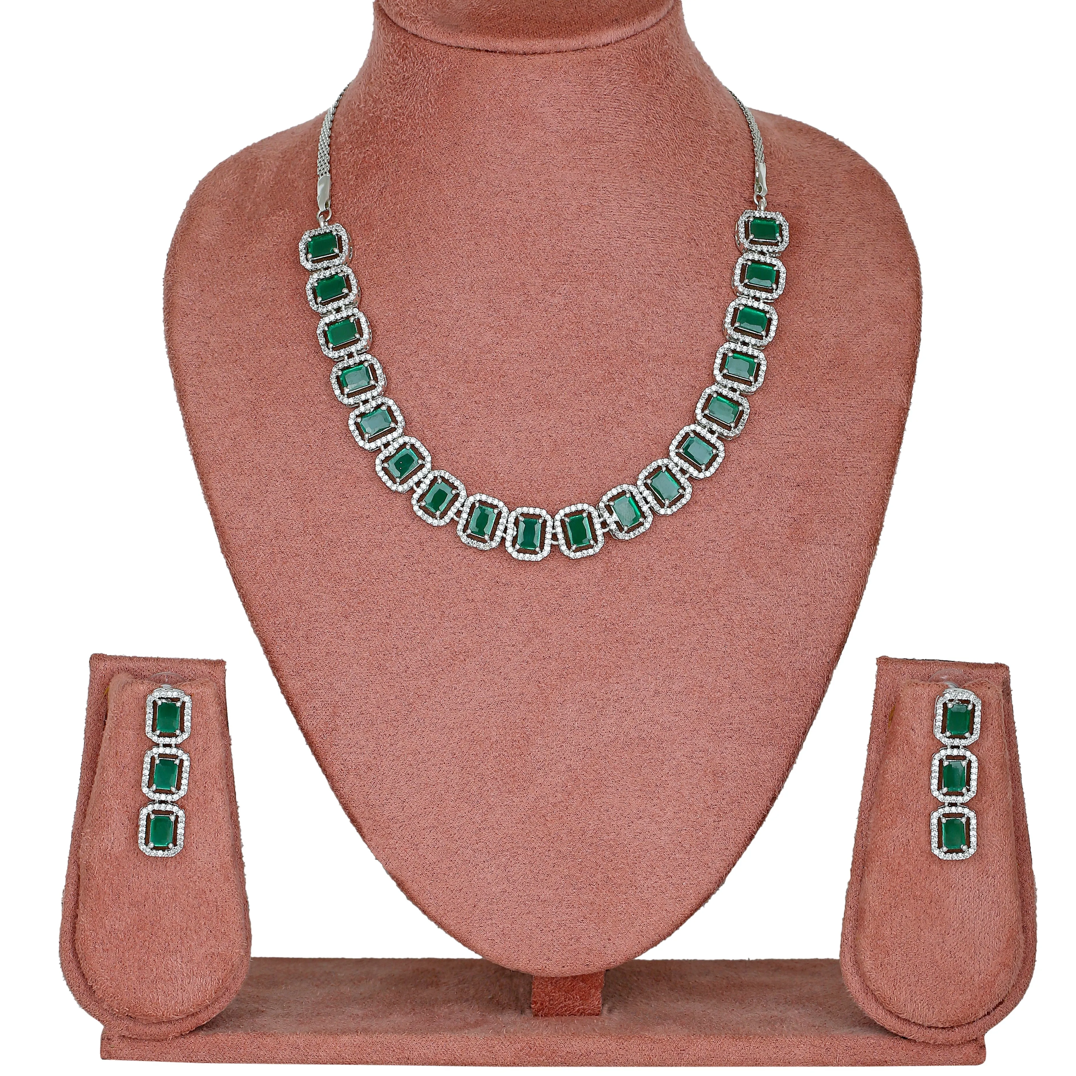 Estele Rhodium Plated CZ Ossum Octagon Necklace Set with Emerald Stones for Women