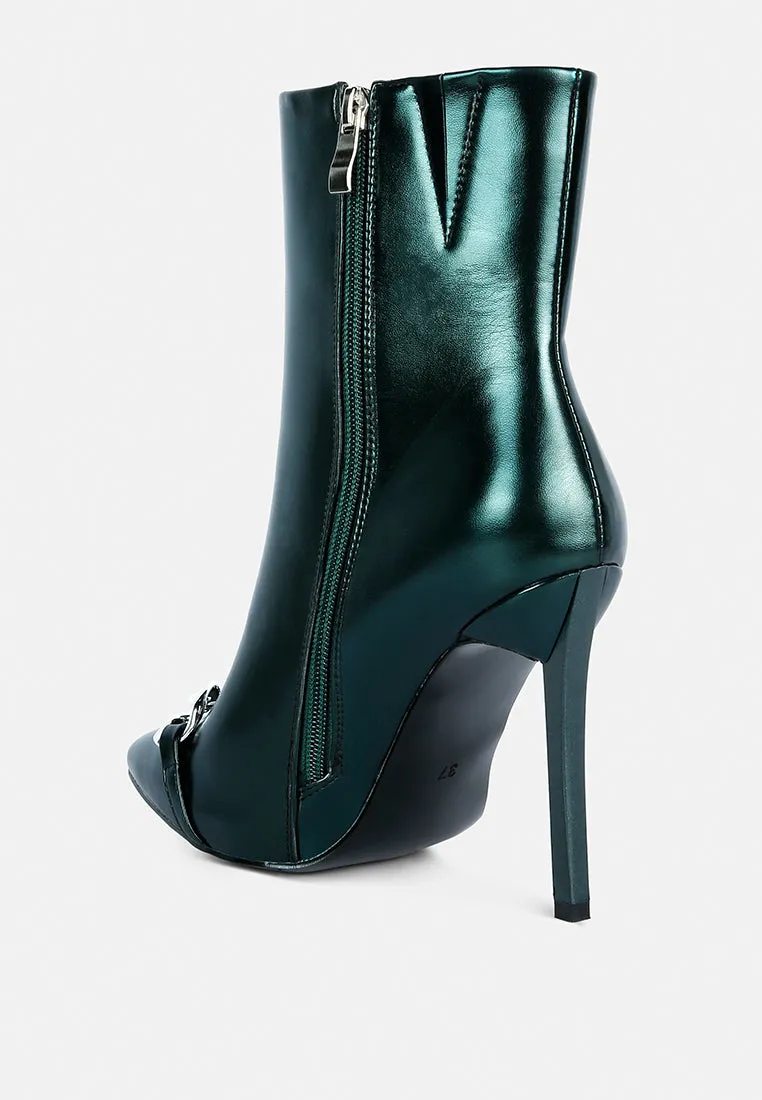 firefly metallic chain embellished stiletto ankle boots