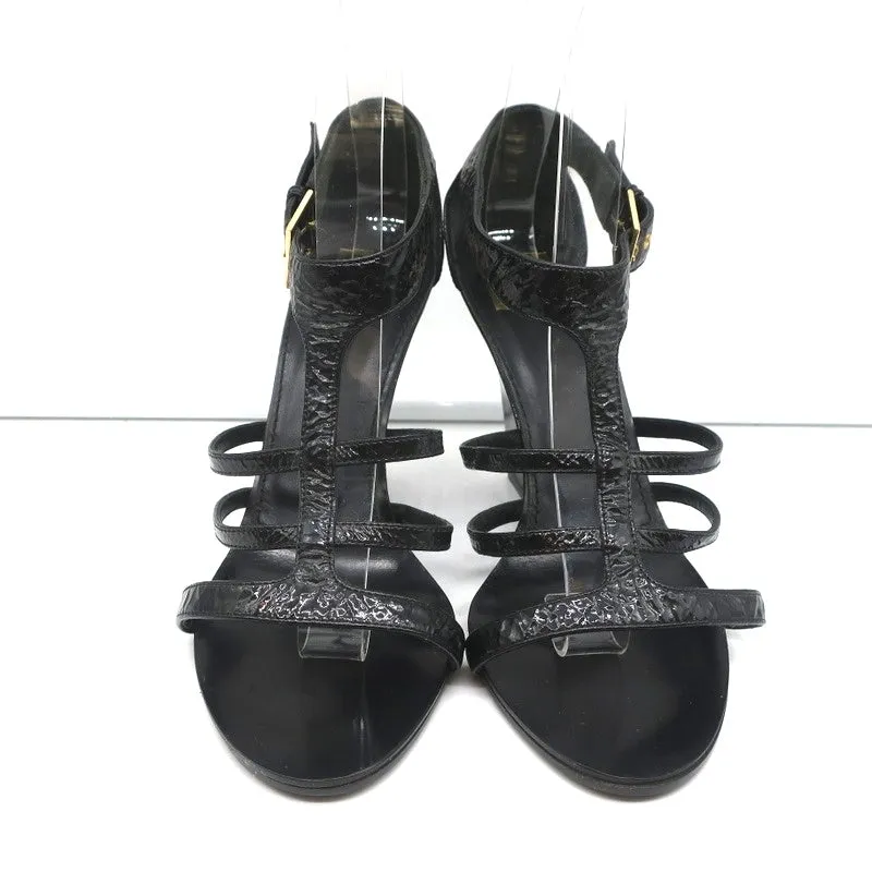 Givenchy Wedge Sandals Black Crinkled Patent Leather Size 39.5 Open Toe Heels
