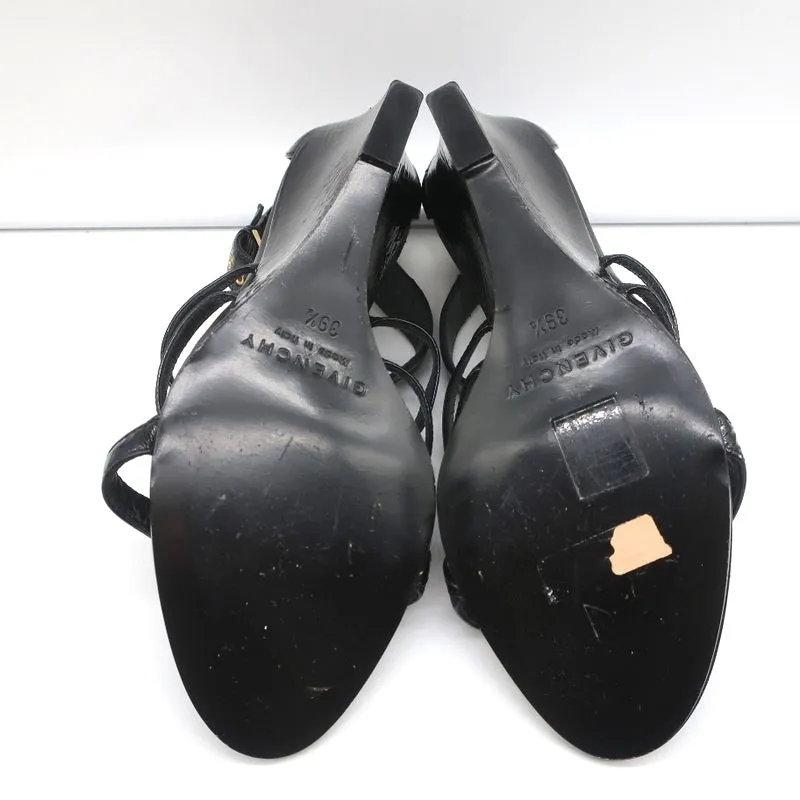 Givenchy Wedge Sandals Black Crinkled Patent Leather Size 39.5 Open Toe Heels
