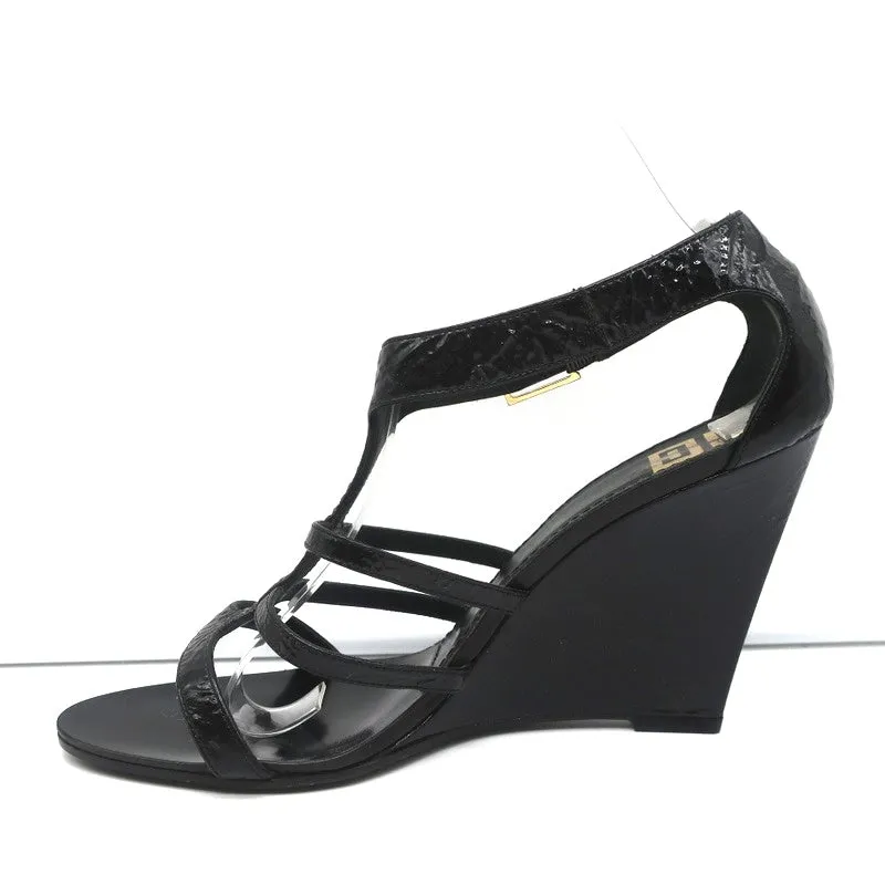 Givenchy Wedge Sandals Black Crinkled Patent Leather Size 39.5 Open Toe Heels