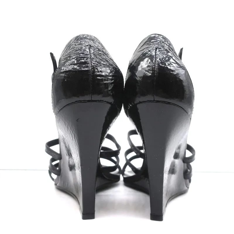Givenchy Wedge Sandals Black Crinkled Patent Leather Size 39.5 Open Toe Heels