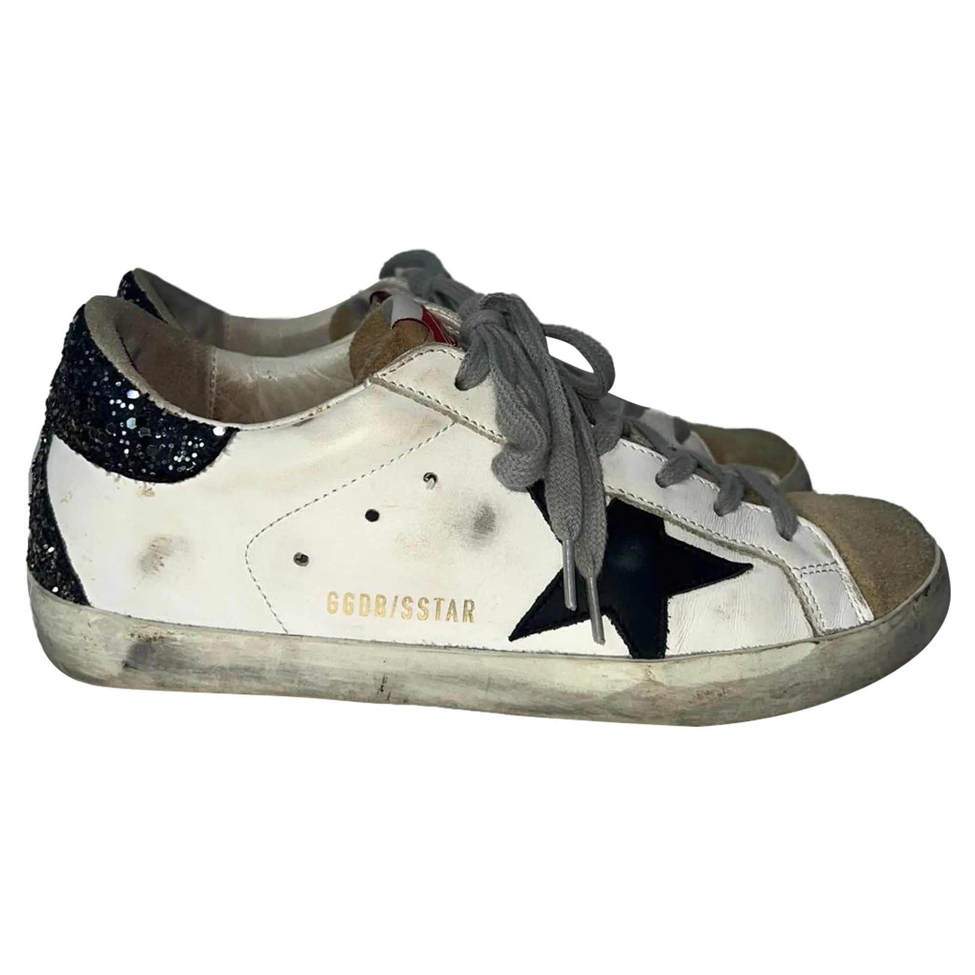Golden Goose Super-Star Glittered Heel Tab Low-Top Sneakers in White Cowhide Leather