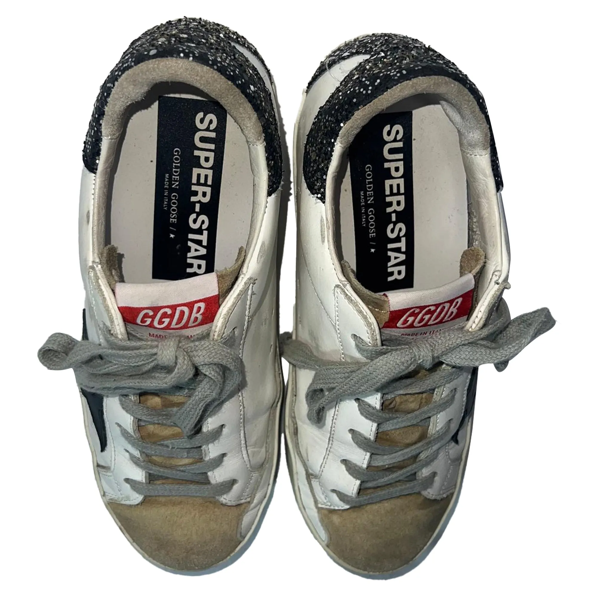 Golden Goose Super-Star Glittered Heel Tab Low-Top Sneakers in White Cowhide Leather