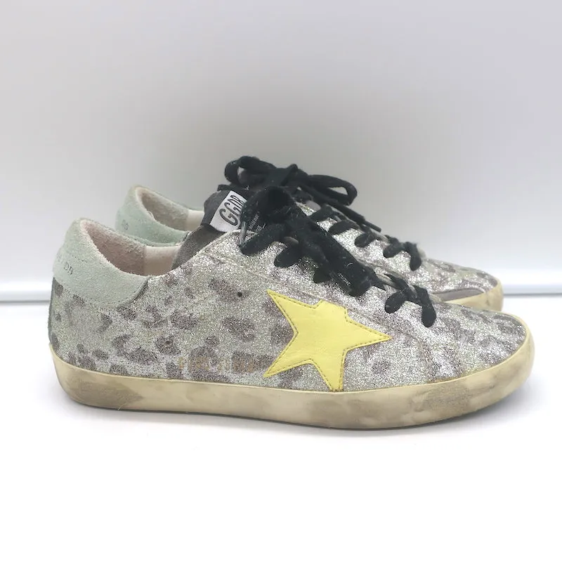 Golden Goose Superstar Glitter Leopard Sneakers Silver with Yellow Star Size 36
