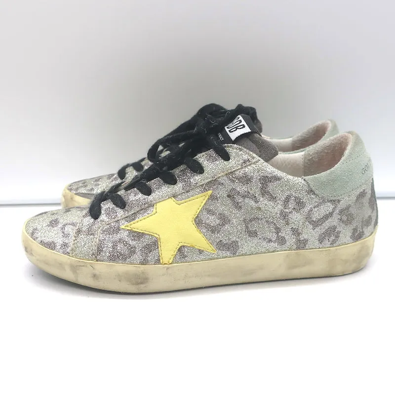 Golden Goose Superstar Glitter Leopard Sneakers Silver with Yellow Star Size 36