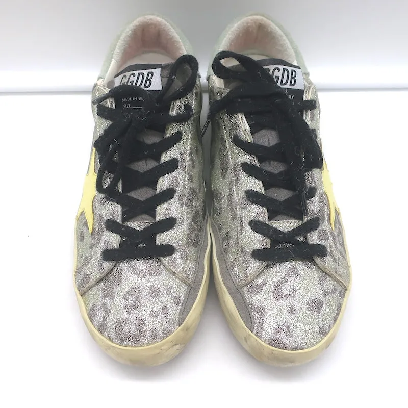 Golden Goose Superstar Glitter Leopard Sneakers Silver with Yellow Star Size 36