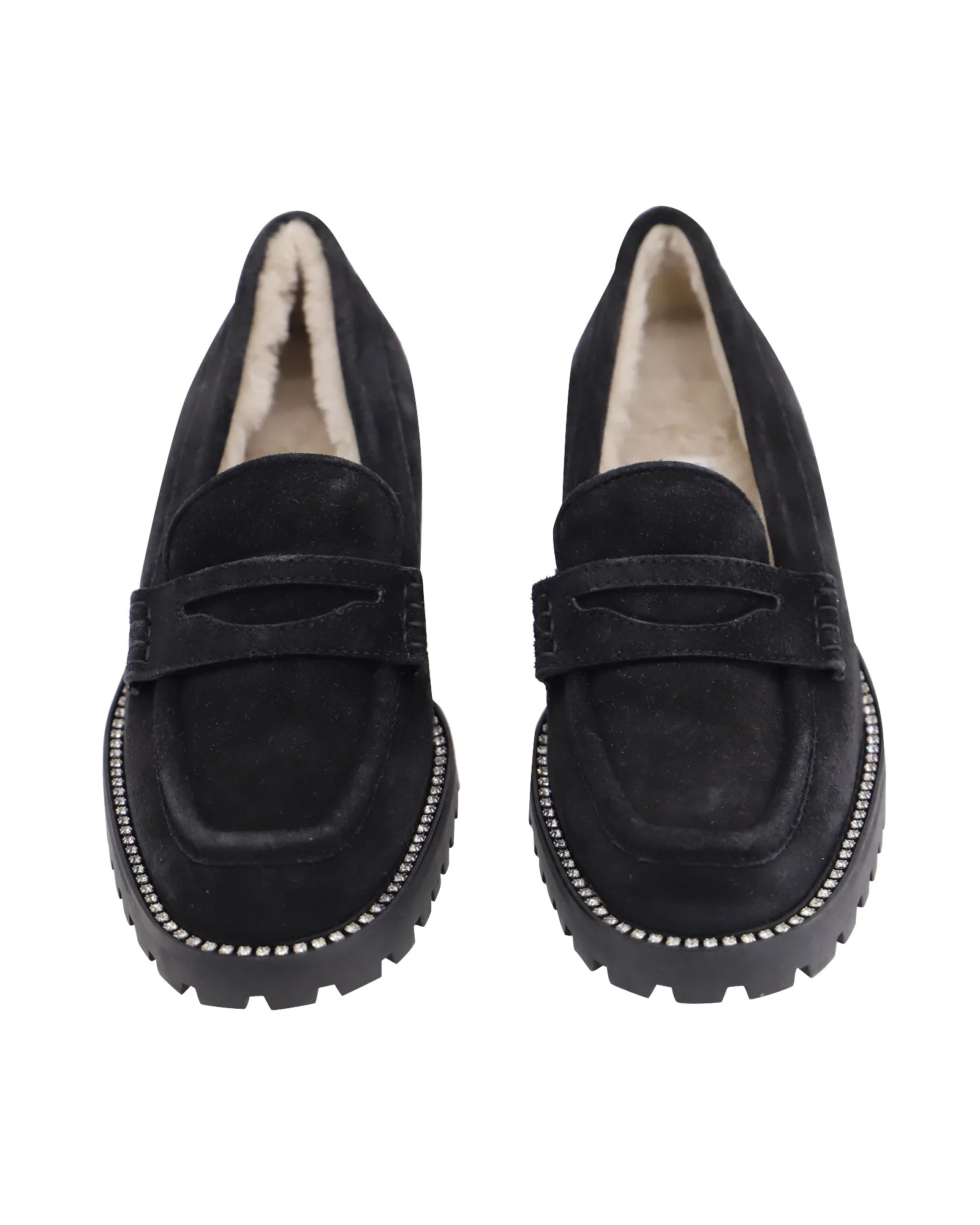 Jimmy Choo Deanna Crystal-Embellished Shearling-Lined Loafers in Black Suede