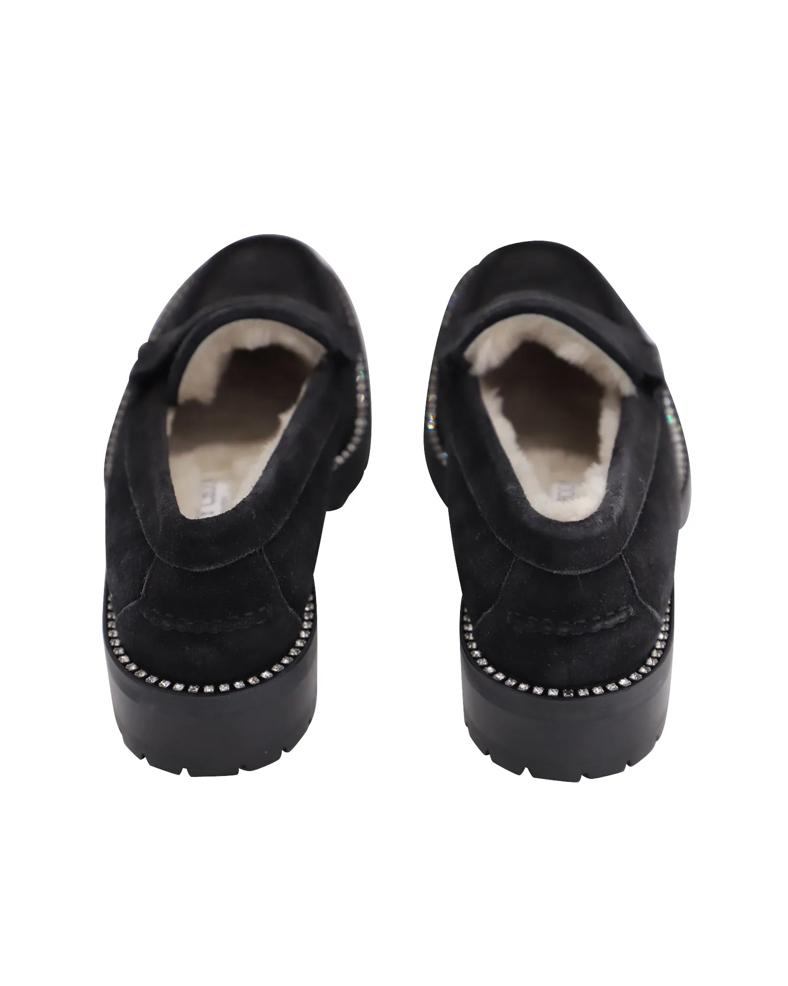 Jimmy Choo Deanna Crystal-Embellished Shearling-Lined Loafers in Black Suede