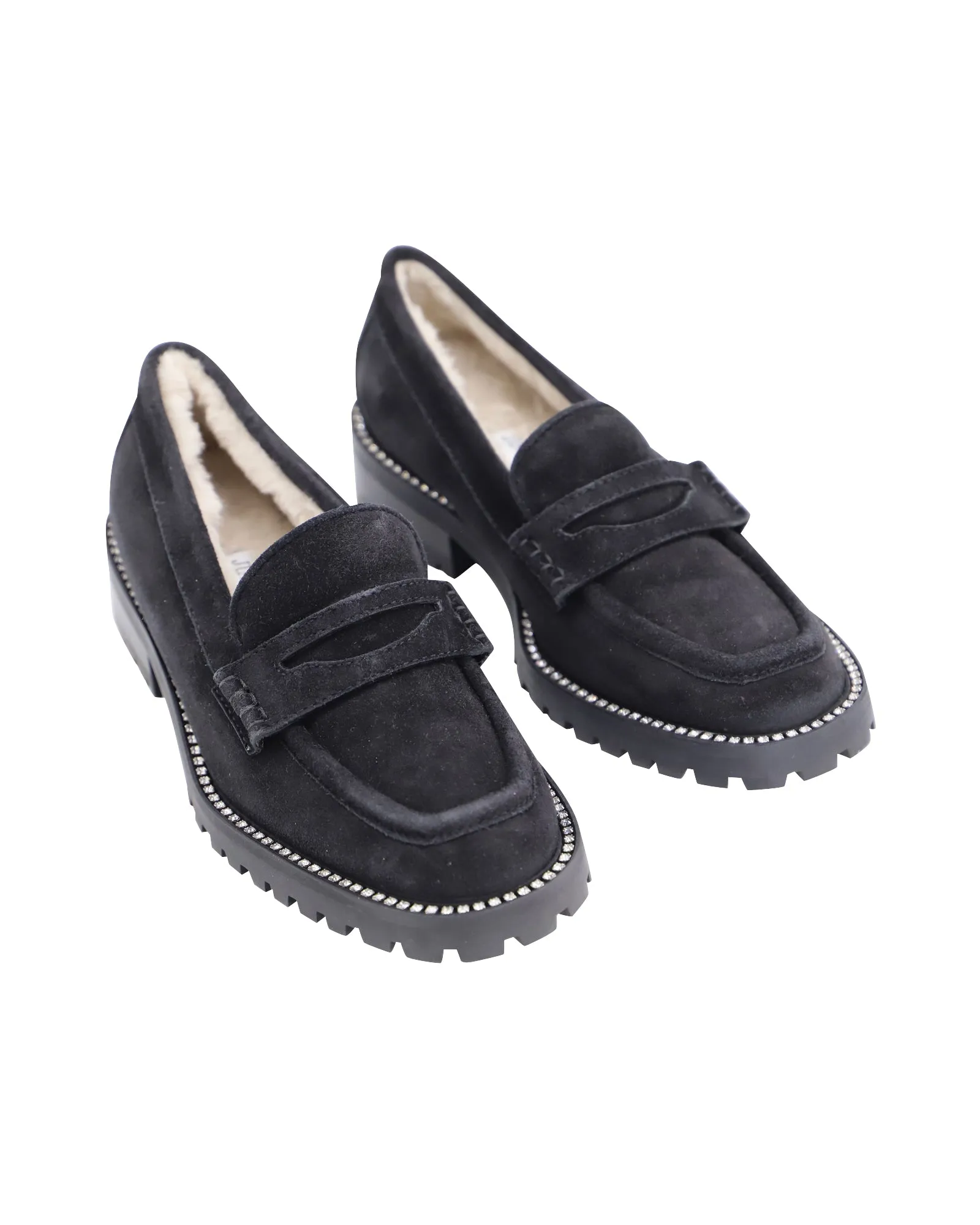 Jimmy Choo Deanna Crystal-Embellished Shearling-Lined Loafers in Black Suede