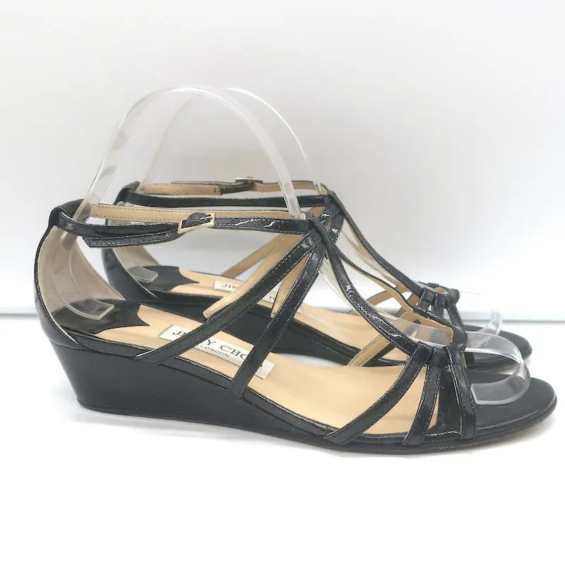 Jimmy Choo Michiko Wedge Sandals Black Glitter Patent Leather Size 38