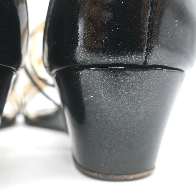 Jimmy Choo Michiko Wedge Sandals Black Glitter Patent Leather Size 38