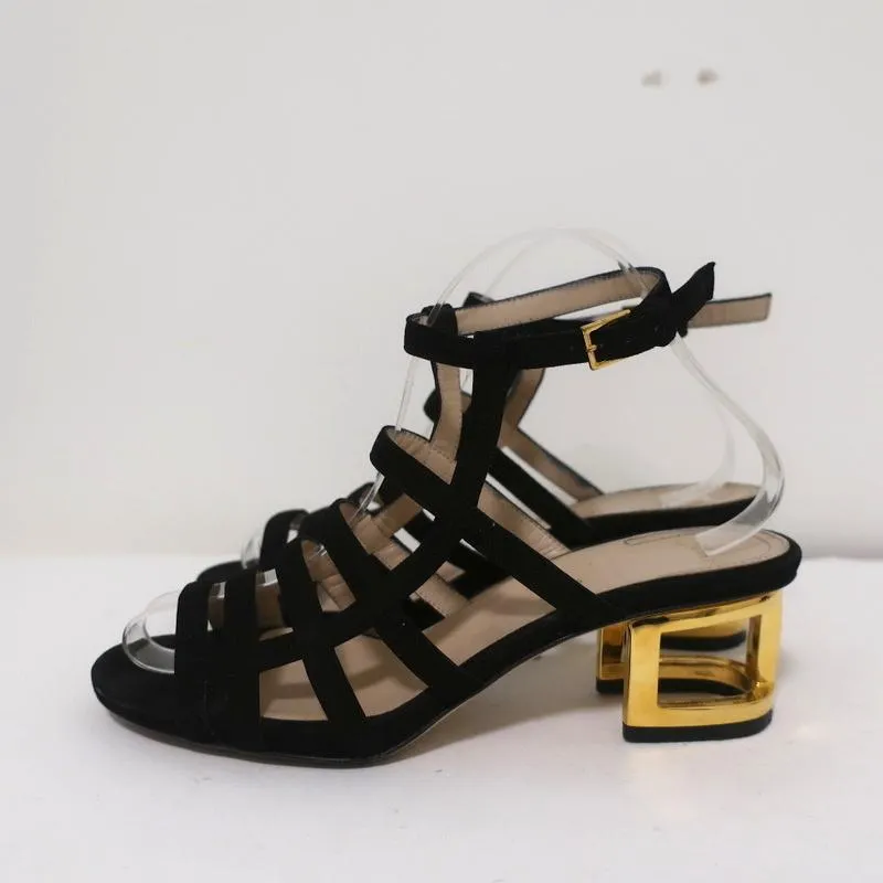 Maiyet Cage Sandals Valencia Black Suede Size 38 Ankle Strap Cutout-Heel