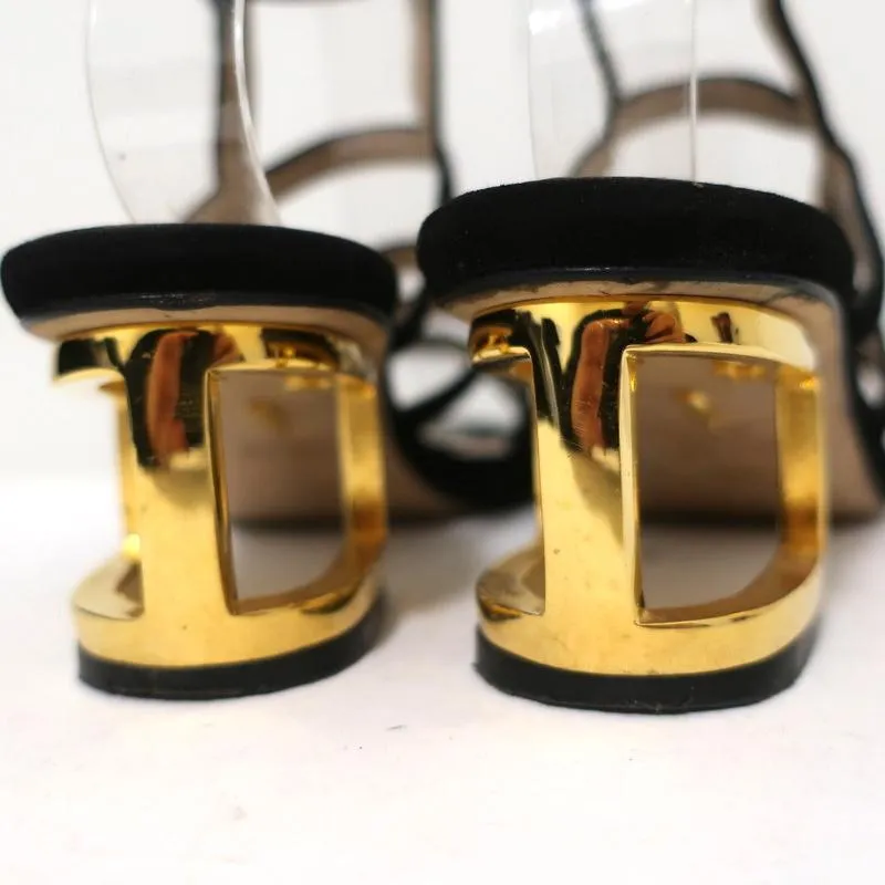 Maiyet Cage Sandals Valencia Black Suede Size 38 Ankle Strap Cutout-Heel