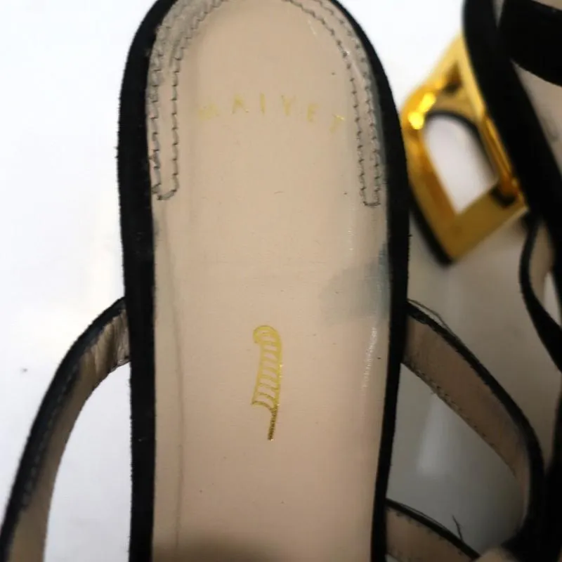 Maiyet Cage Sandals Valencia Black Suede Size 38 Ankle Strap Cutout-Heel