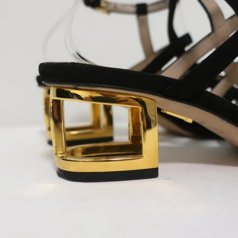 Maiyet Cage Sandals Valencia Black Suede Size 38 Ankle Strap Cutout-Heel