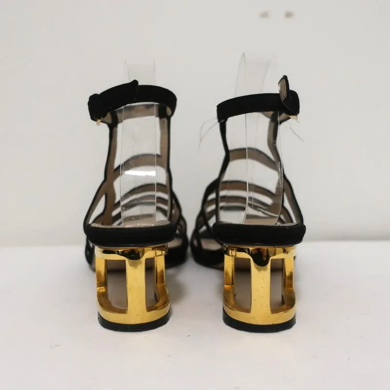 Maiyet Cage Sandals Valencia Black Suede Size 38 Ankle Strap Cutout-Heel
