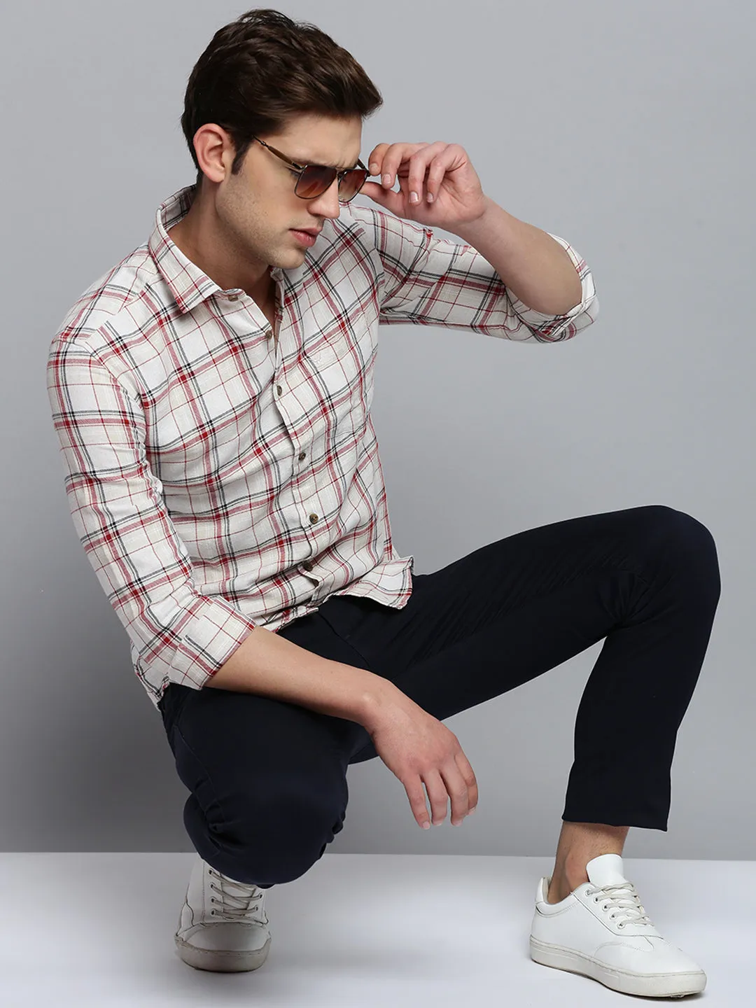 Men Beige Tartan Checked Classic Casual Shirt
