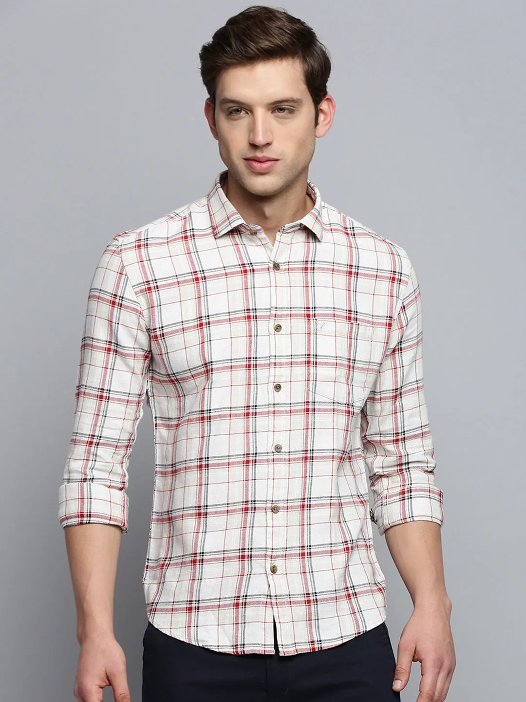 Men Beige Tartan Checked Classic Casual Shirt