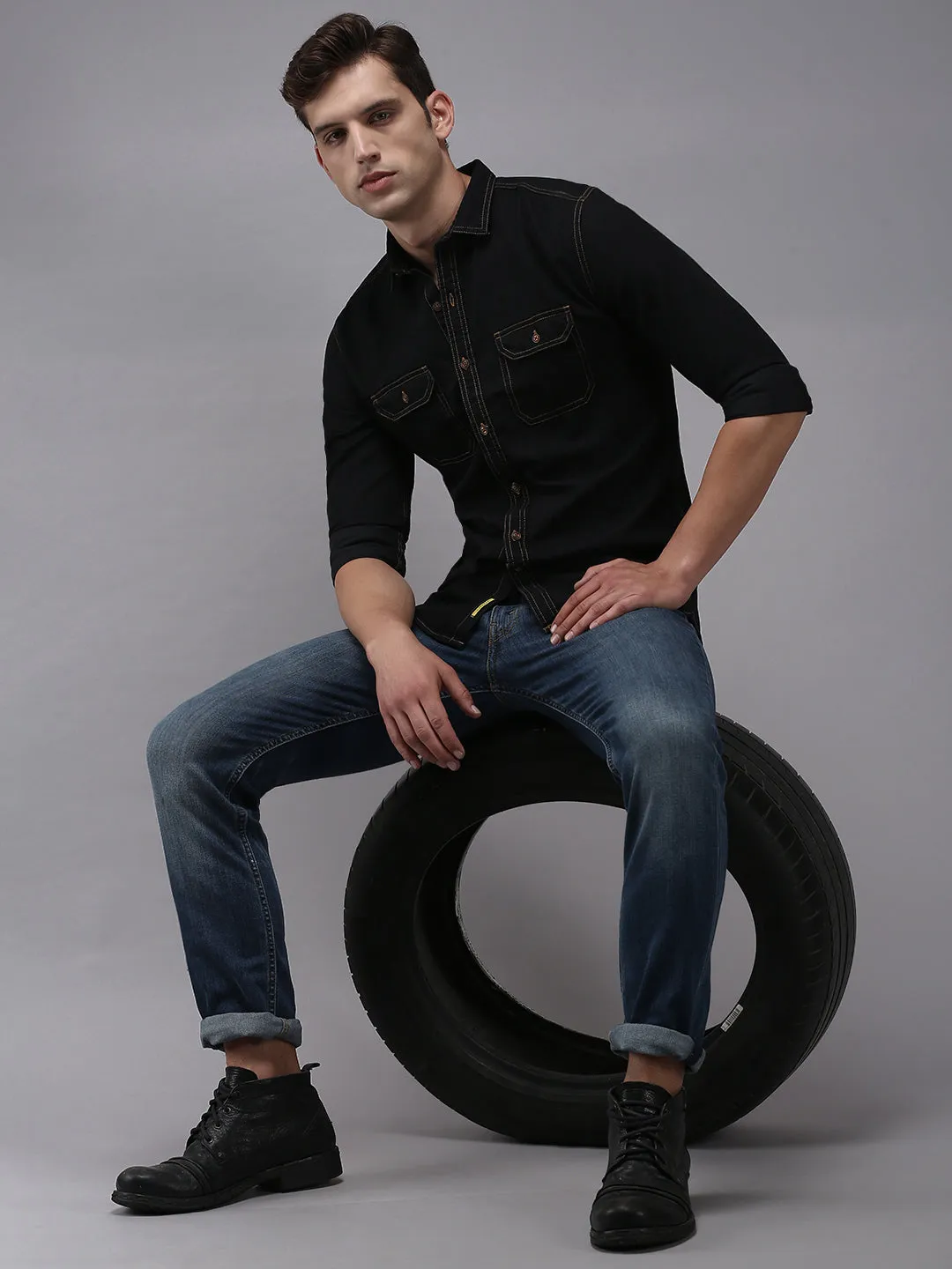 Men Black Classic Cotton Casual Shirt
