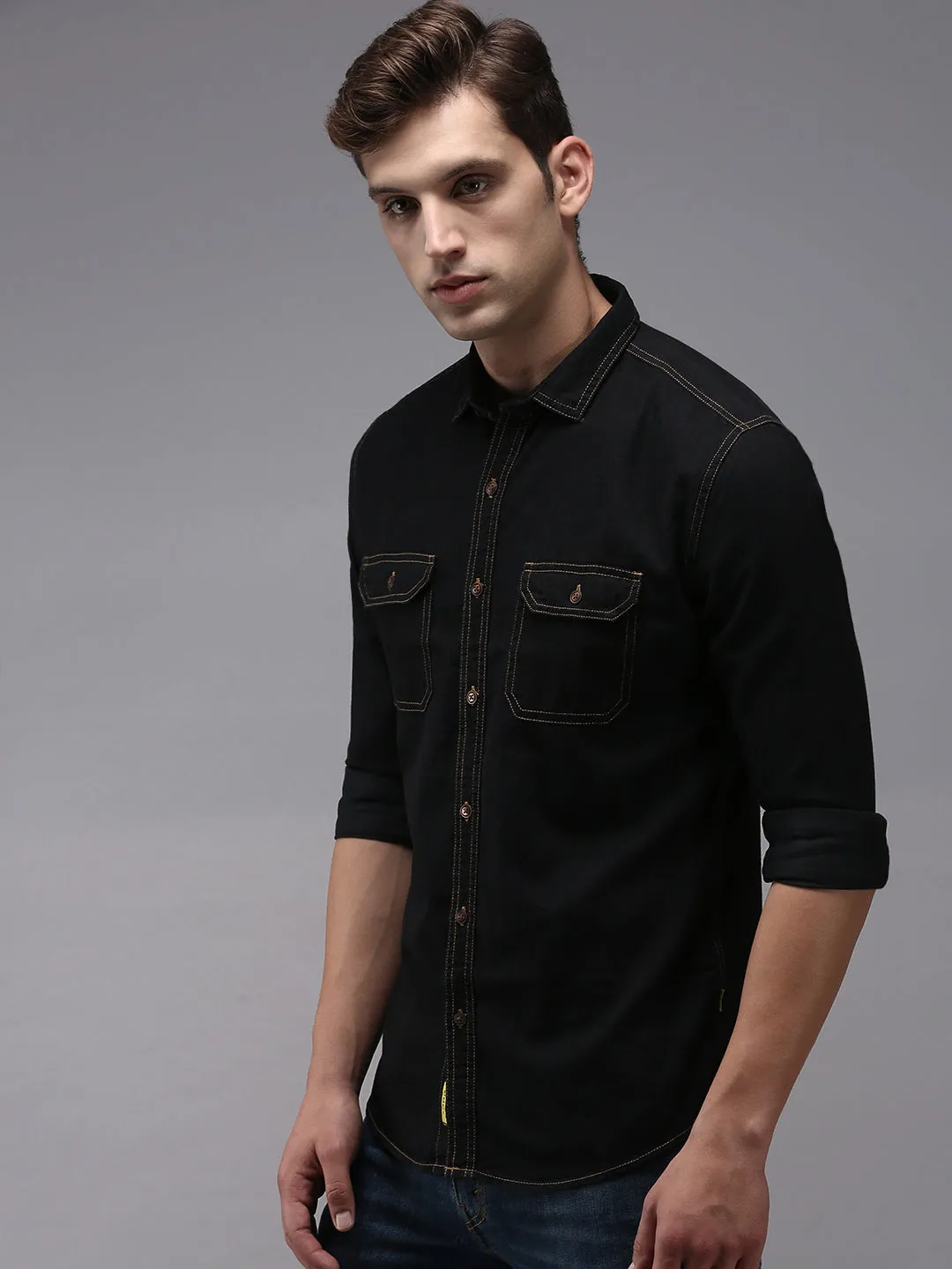 Men Black Classic Cotton Casual Shirt