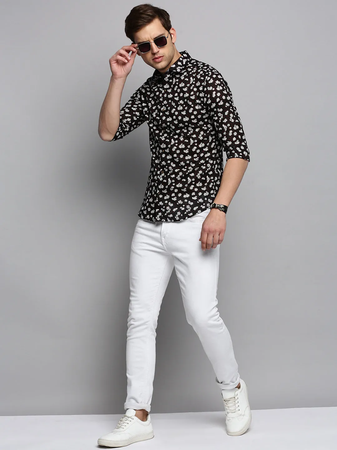 Men Black Floral Printed Casual Shirt