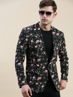 Men Black Printed Cotton Blazers