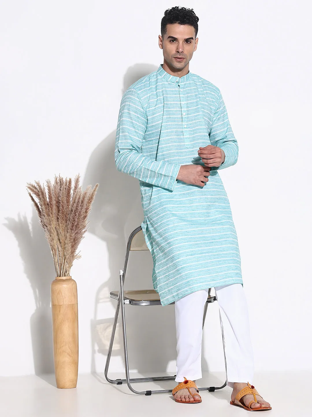Men Blue Striped Kurta Set