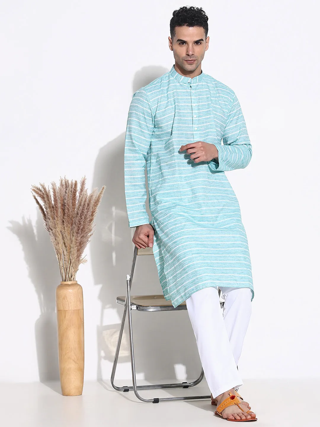 Men Blue Striped Kurta Set