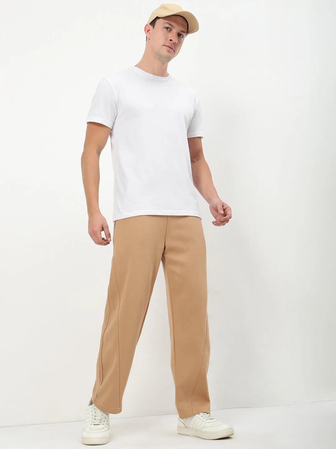 Men Brown Solid Straight Fit Trousers