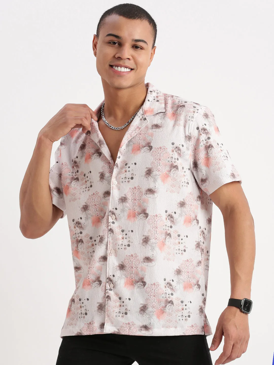 Men Cuban Collar Abstract Off White Shirt
