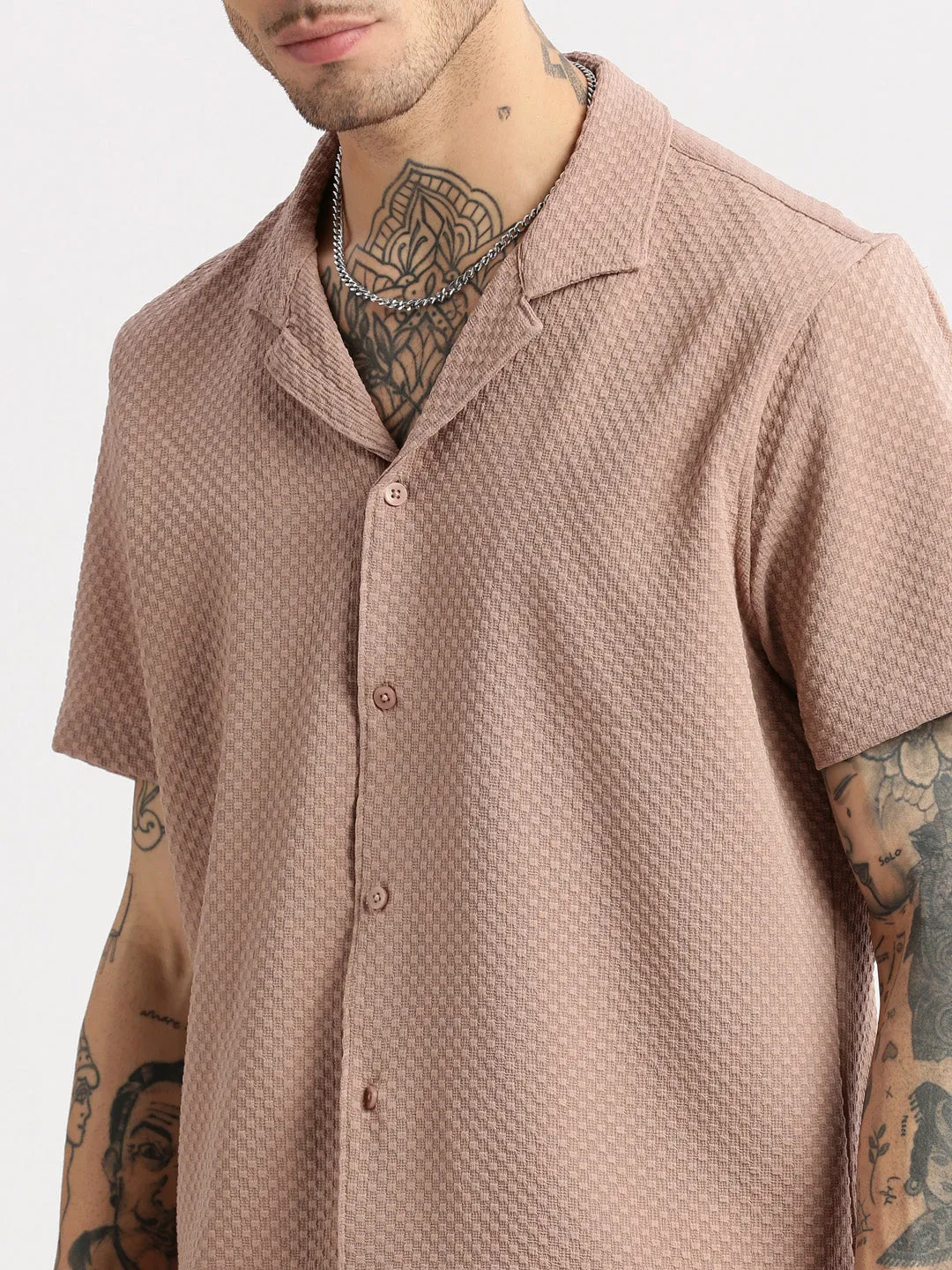 Men Cuban Collar  Solid Beige Casual Shirt