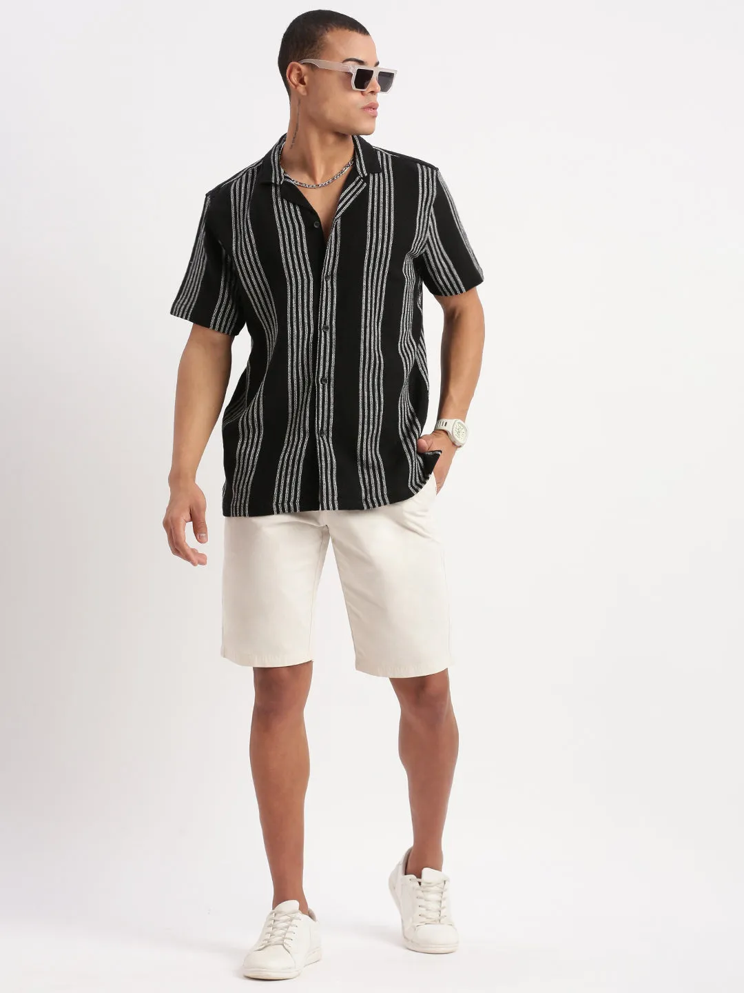 Men Cuban Collar Vertical Stripes Black Shirt
