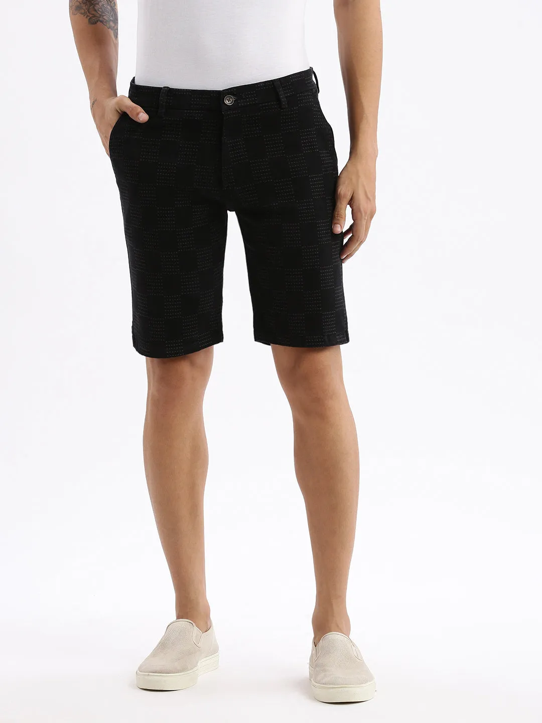 Men Geometric Black Denim Shorts