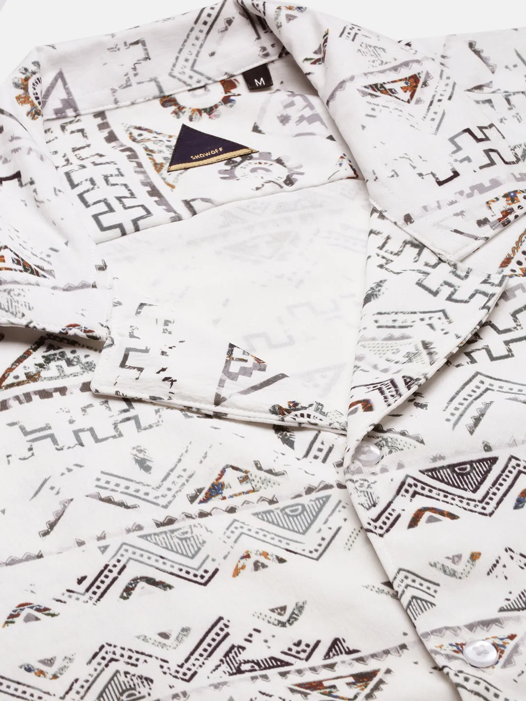 Men Geometric Print Cuban Collar White Co-Ords Set