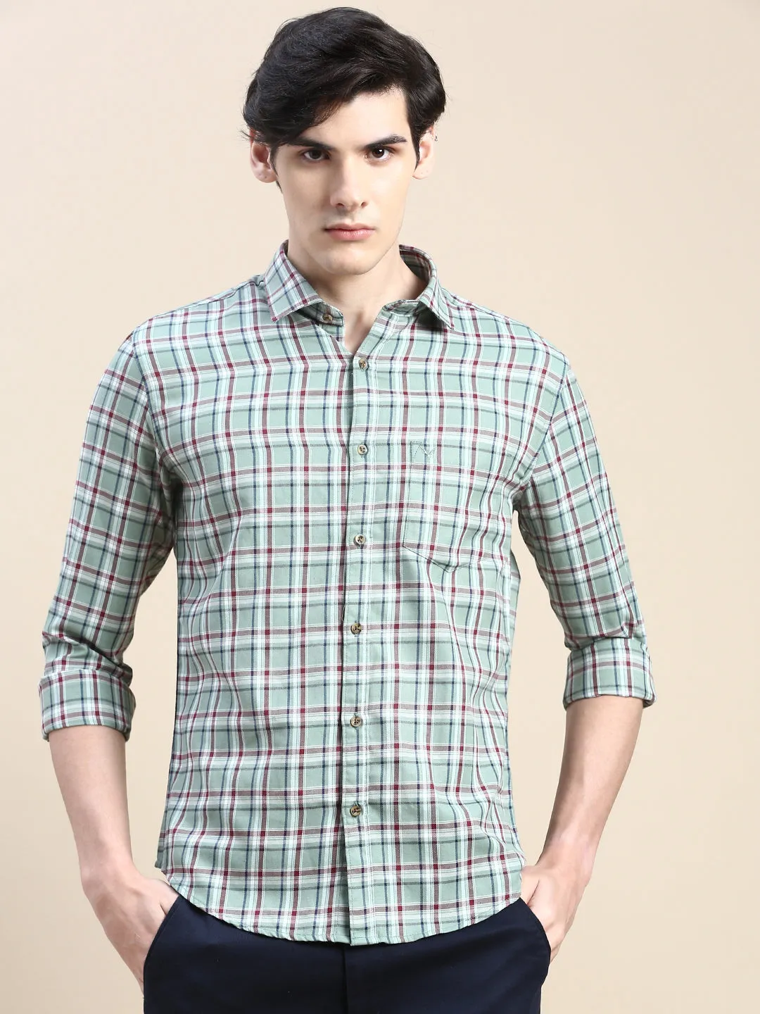 Men Green Standard Slim Fit Tartan Checks Cotton Casual Shirt