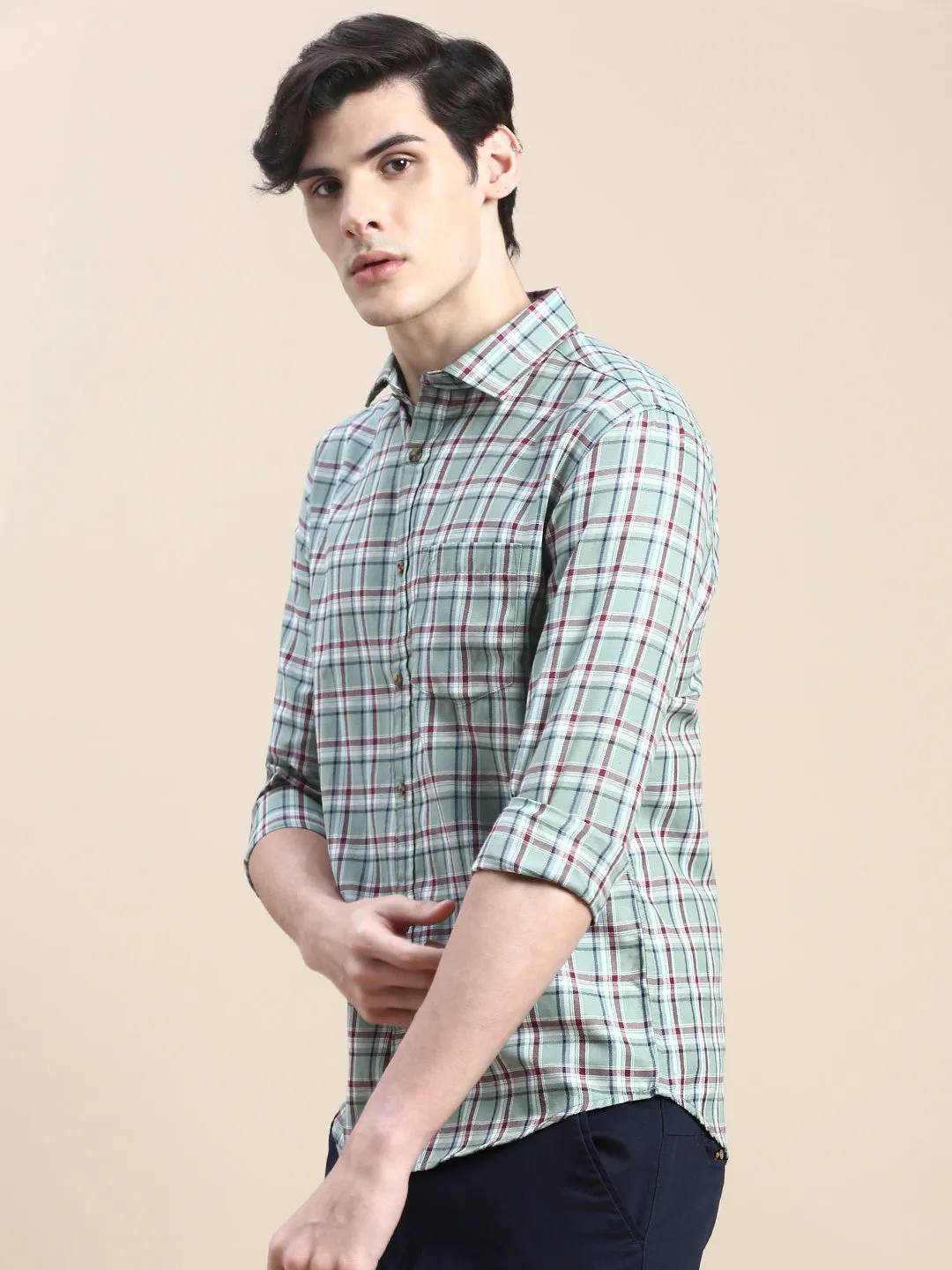 Men Green Standard Slim Fit Tartan Checks Cotton Casual Shirt