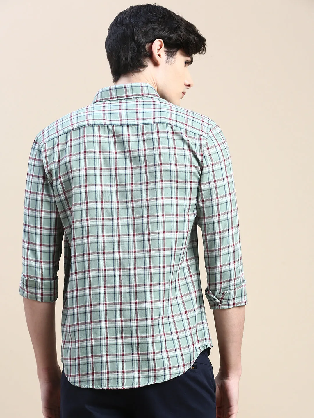 Men Green Standard Slim Fit Tartan Checks Cotton Casual Shirt