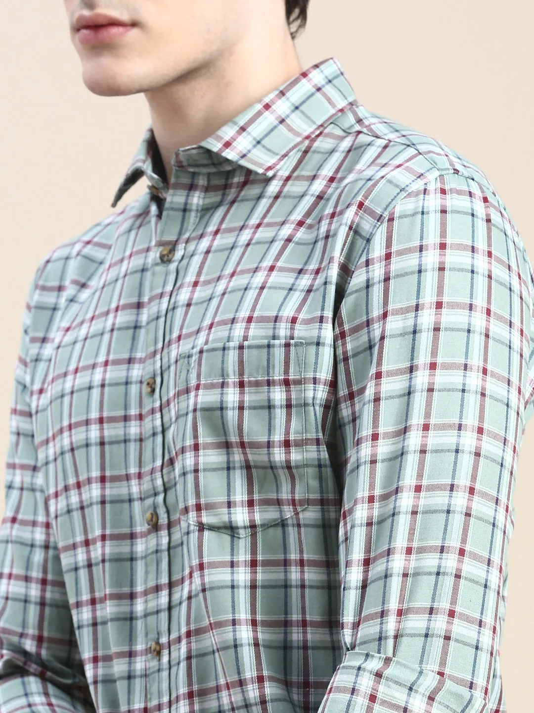 Men Green Standard Slim Fit Tartan Checks Cotton Casual Shirt